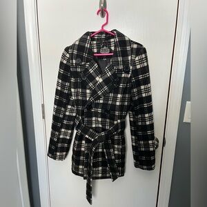 Wool Winter Coat, Black & White Plaid, Jou Jou, size Medium